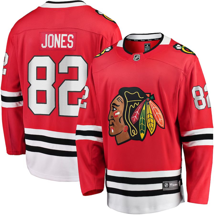 Men Chicago Blackhawks 82 Caleb Jones Fanatics Branded Red Breakaway Player NHL Jersey